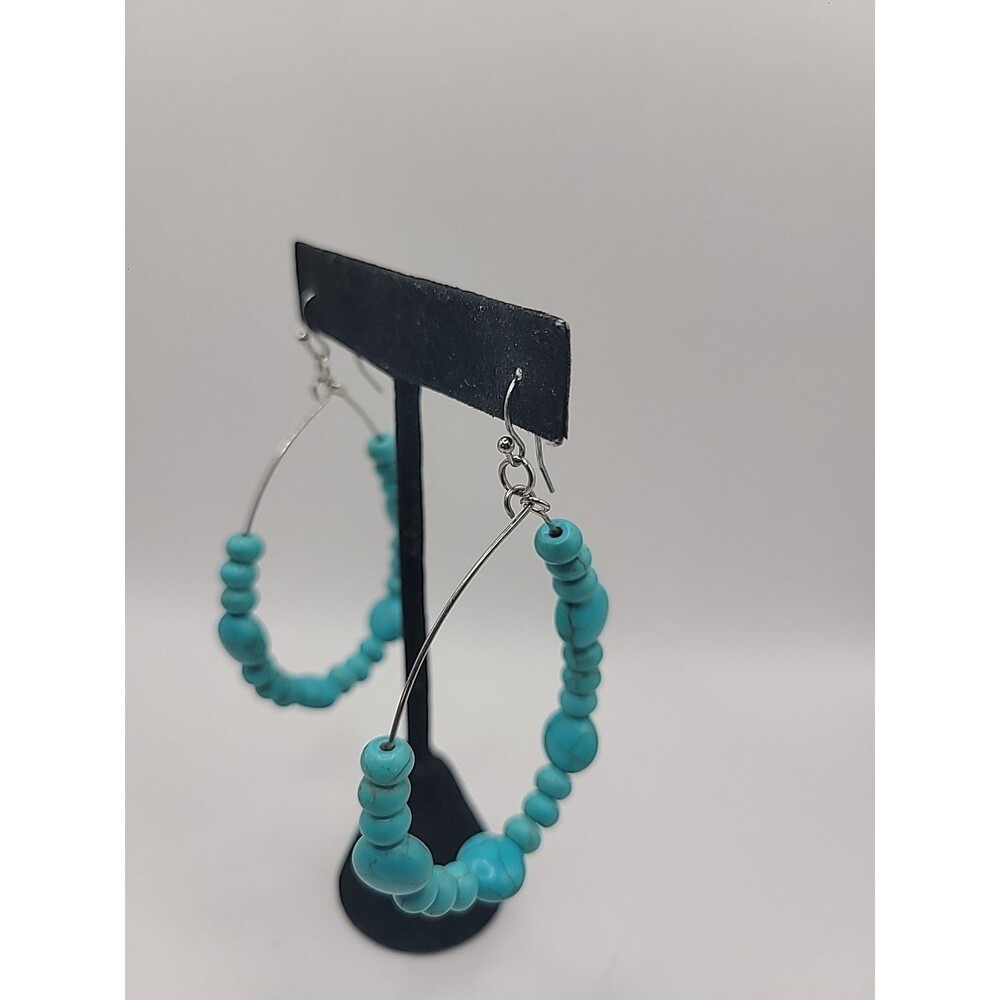 Blue Beaded Hoop Earrings Matrix Stone Boho Southwestern Cowgirl Dangle